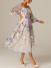 Princess A-Line Tea-Length Mother of the Bride Dress with Square Neck and Long Sleeves Featuring Appliques