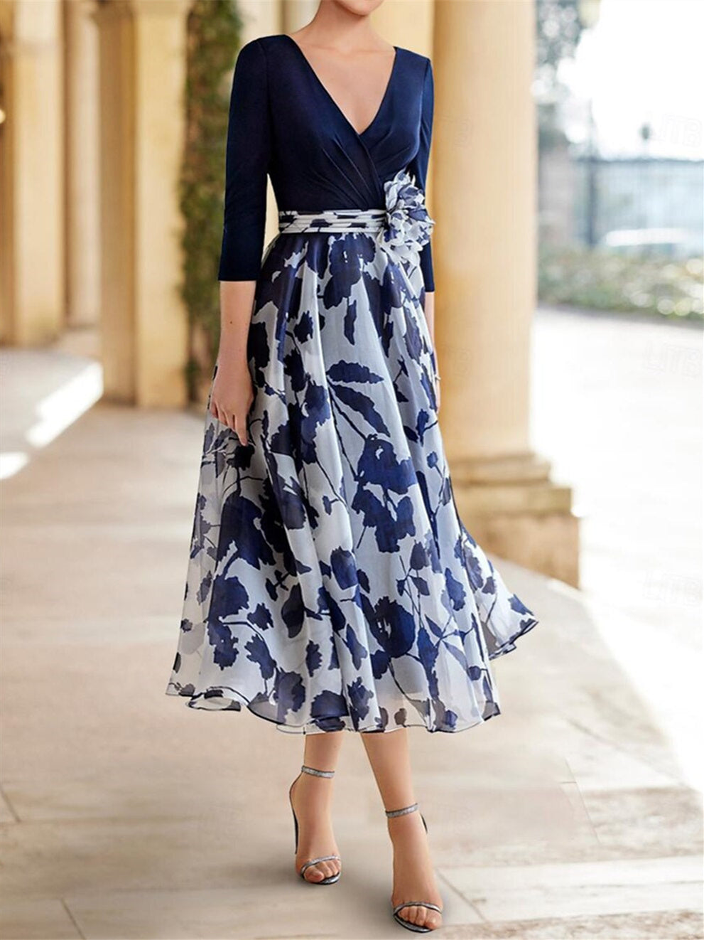 Princess A-Line V-Neck Floral Mother of the Bride Dress with 3/4 Sleeves and Ankle Length