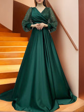 Princess A-line V-neck Floor-length Mother of the Bride Dress with Long Sleeves Sequins and Ruffles