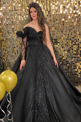 Princess Black Long Sleeve A-line Prom Dresses With Beads