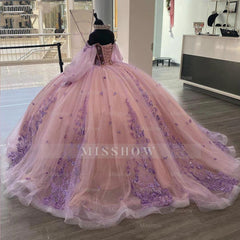 Princess Elegant Pink Sweetheart Long Sleeve Floral Applique Ball Gown Quinceanera Dress