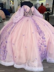 Princess Elegant Pink Sweetheart Long Sleeve Floral Applique Ball Gown Quinceanera Dress
