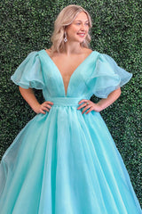 Princess Green Long Prom Dress with V-neck and Short Sleeves