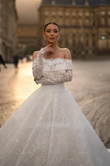 Princess Ivory Off-The-Shoulder Long Sleeves Ball gown Wedding Dress with Appliques