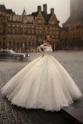 Princess Ivory Off-The-Shoulder Long Sleeves Ball gown Wedding Dress with Appliques