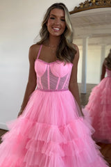 Princess Long Corset Prom Dress with Pink Spaghetti Straps and Tiered Tulle