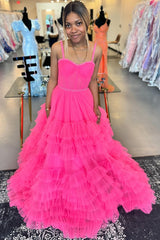 Princess Long Corset Prom Dress with Pink Spaghetti Straps and Tiered Tulle