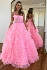 Princess Long Corset Prom Dress with Pink Spaghetti Straps and Tiered Tulle