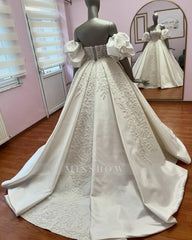 Princess Long Ivory Strapless Ball Gown Wedding Dress with Appliques and Detachable Sleeves