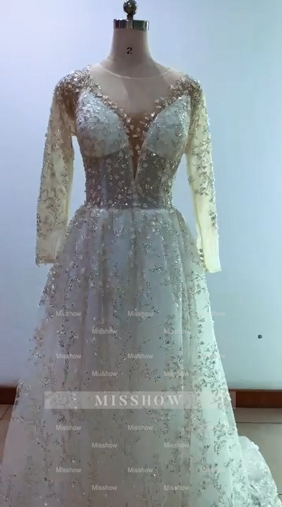 Princess Long White A-line V-neck Lace Wedding Dress With Long Sleeves