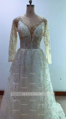 Princess Long White A-line V-neck Lace Wedding Dress With Long Sleeves