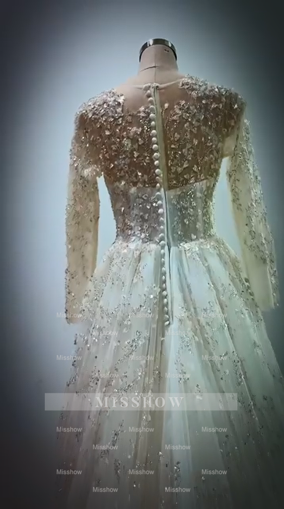 Princess Long White A-line V-neck Lace Wedding Dress With Long Sleeves