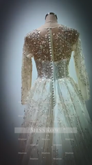 Princess Long White A-line V-neck Lace Wedding Dress With Long Sleeves