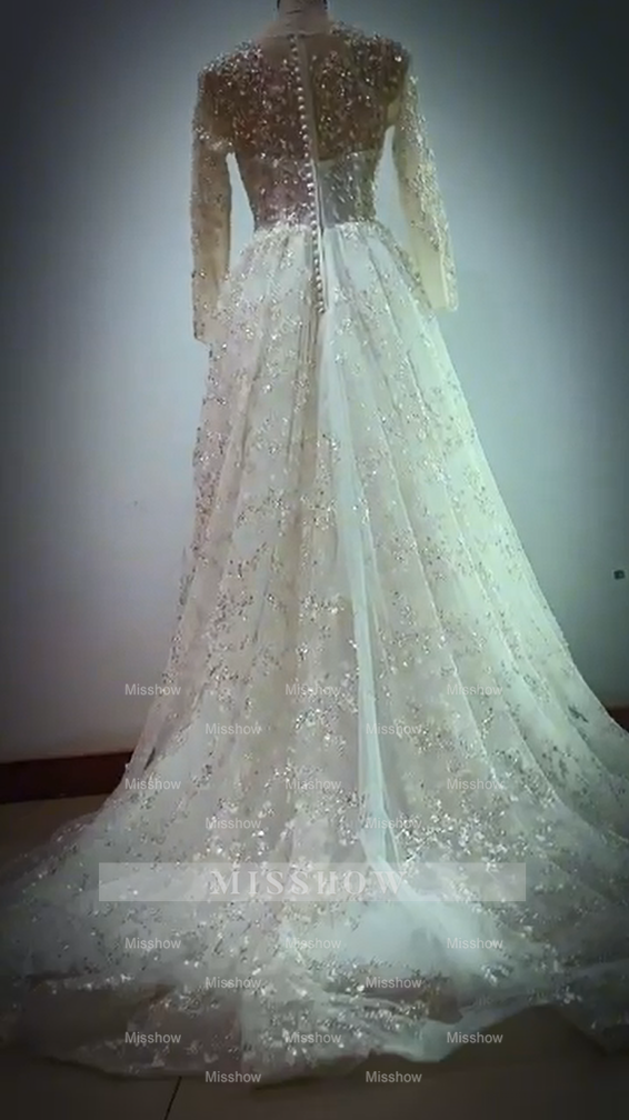 Princess Long White A-line V-neck Lace Wedding Dress With Long Sleeves