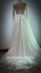 Princess Long White A-line V-neck Lace Wedding Dress With Long Sleeves