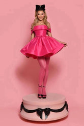Princess Off-The-Shoulder Sleeveless Satin Bow Waist Tiered A-Line Mini Party Dress