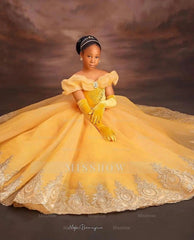 Princess Off The Shoulder Yellow Girl Pageant Lace Flower Girls Dresses for Wedding