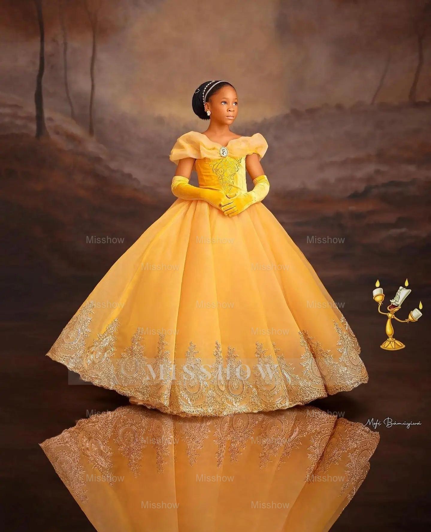 Princess Off The Shoulder Yellow Girl Pageant Lace Flower Girls Dresses for Wedding