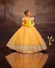 Princess Off The Shoulder Yellow Girl Pageant Lace Flower Girls Dresses for Wedding