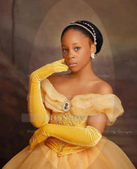 Princess Off The Shoulder Yellow Girl Pageant Lace Flower Girls Dresses for Wedding