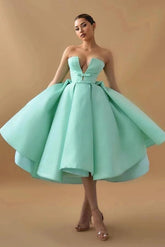 Princess V-Neck Sleeveless Satin Corset Bodice Bow Ball Gown Tea Length Party Dress