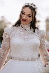 Princess White High Neck Long Sleeves Ball Gown Wedding Dress with Appliques