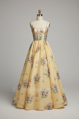 Princess Yellow Floral Embroidered A-Line Ball Gown Prom Dress with Pearl Neckline and Open Back