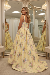 Princess Yellow Floral Embroidered A-Line Ball Gown Prom Dress with Pearl Neckline and Open Back