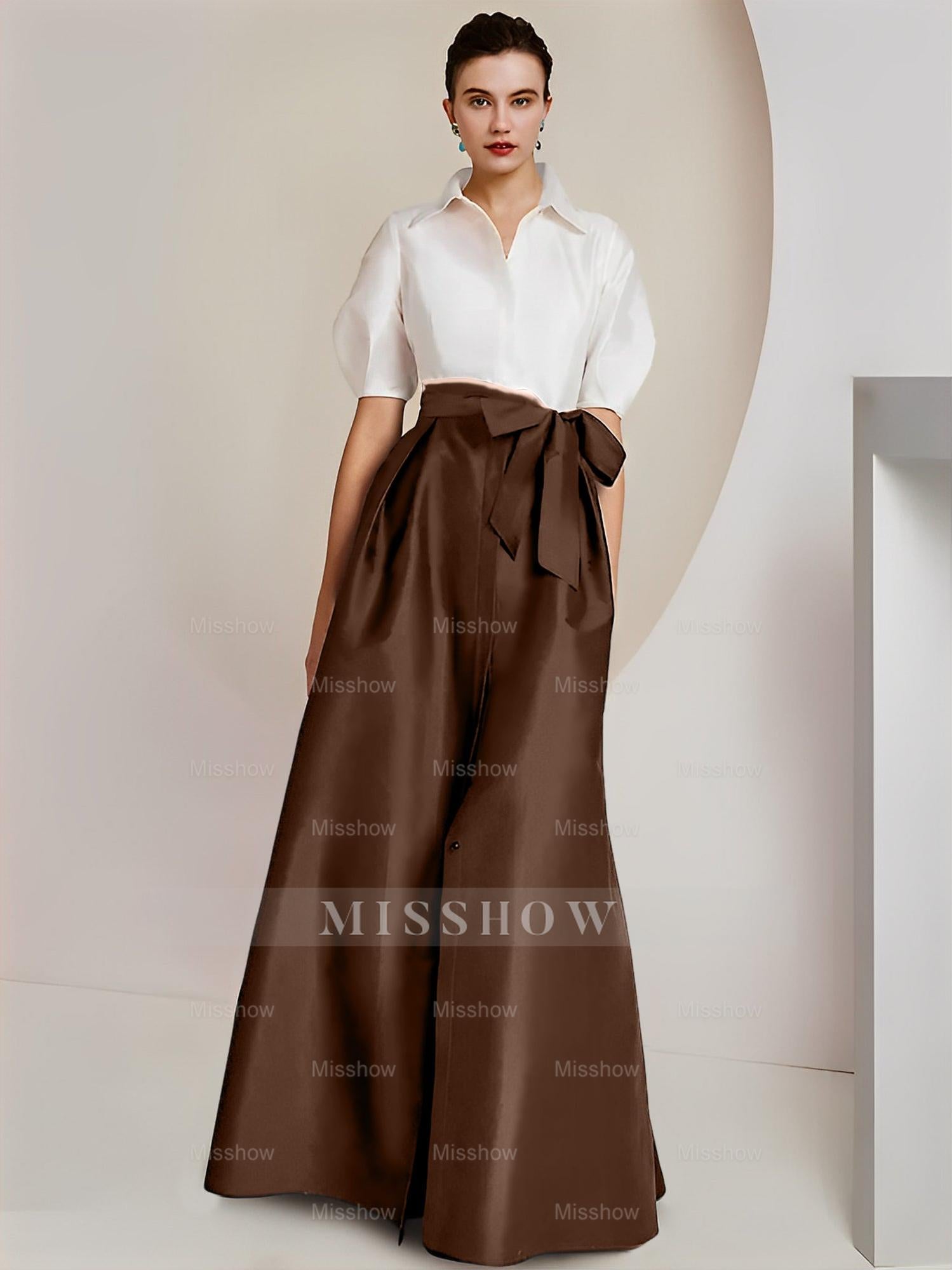 Princess/A-Line Floor-Length 2-Piece Mother of the Bride Dresses with Bowknot and Shirt Collar Short Sleeves