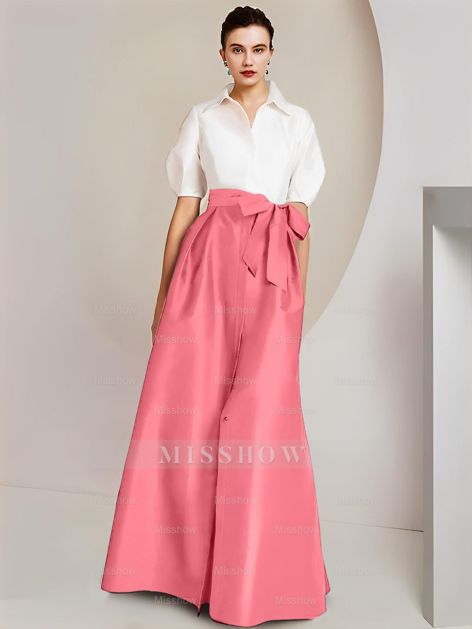 Princess/A-Line Floor-Length 2-Piece Mother of the Bride Dresses with Bowknot and Shirt Collar Short Sleeves