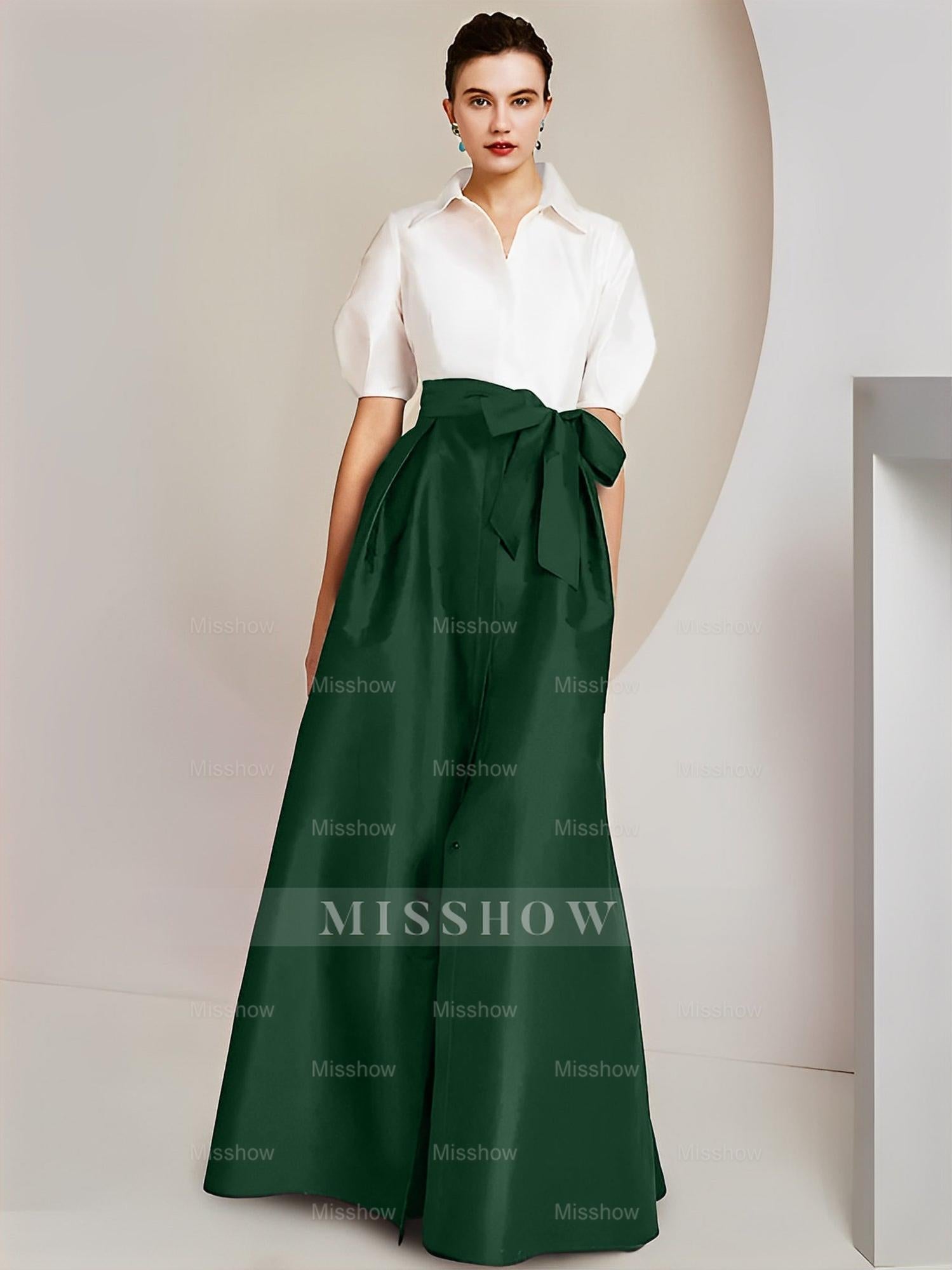 Princess/A-Line Floor-Length 2-Piece Mother of the Bride Dresses with Bowknot and Shirt Collar Short Sleeves
