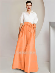 Princess/A-Line Floor-Length 2-Piece Mother of the Bride Dresses with Bowknot and Shirt Collar Short Sleeves