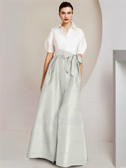 Princess/A-Line Floor-Length 2-Piece Mother of the Bride Dresses with Bowknot and Shirt Collar Short Sleeves