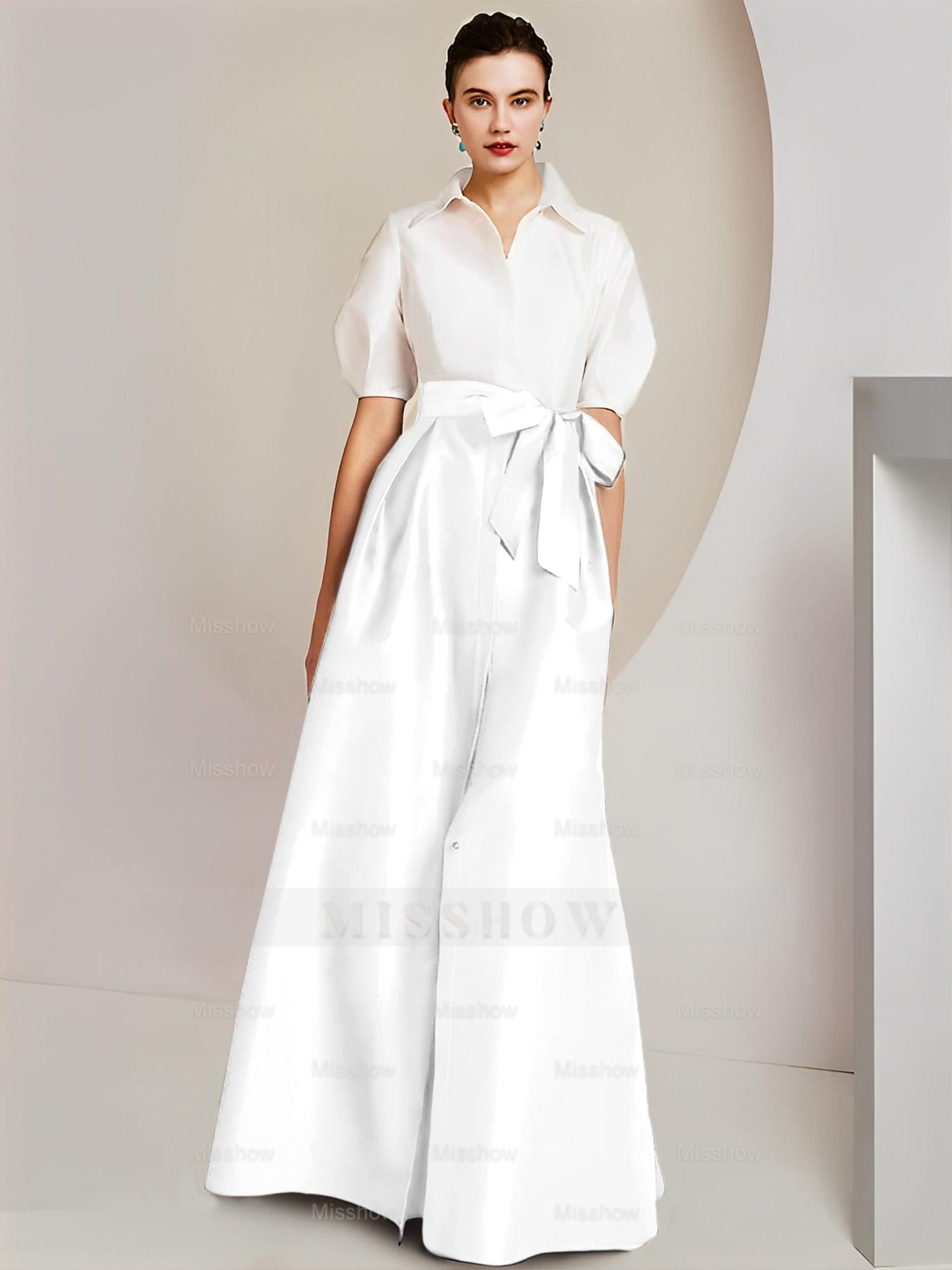 Princess/A-Line Floor-Length 2-Piece Mother of the Bride Dresses with Bowknot and Shirt Collar Short Sleeves