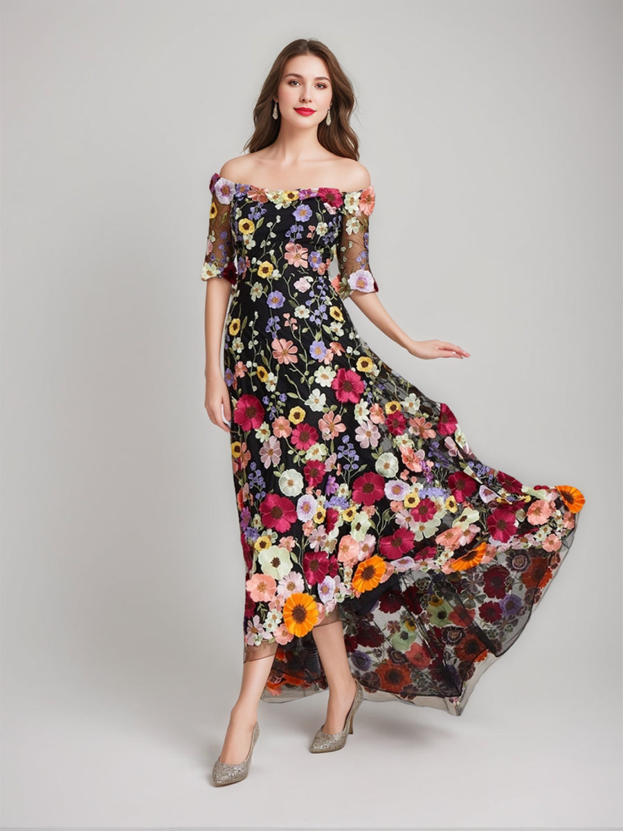 Printed Floral Evening Dresses with Half Sleeves in A-Line/Princess Off-the-Shoulder Style