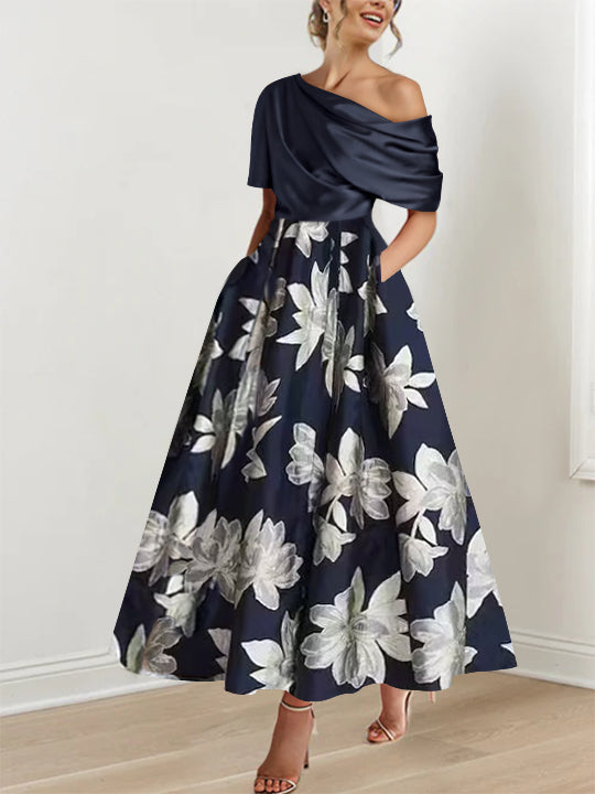 Printed Floral One-Shoulder A-Line Mother of the Bride Gown