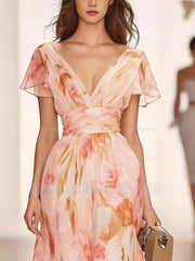 Printed Floral V-Neck A-Line Mother of the Bride Dress with Ruffles and Short Sleeves