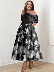 Printed Flower Plus Size Mother of the Bride A-Line Princess One-Shoulder Dress