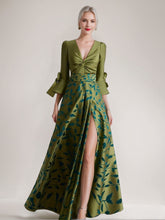 Printed Leaves Mother of the Bride A-Line Dress with 3/4 Sleeves Side Split Belt and Ruffles