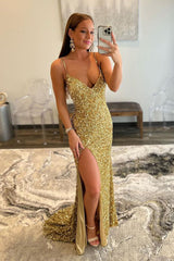 Prom Dress in Gold with Mermaid Sequin Design and Slit