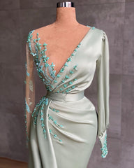Prom Evening Dresses long mint green Evening dresses with sleeves