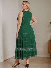 Pure Color Tea-Length Mother of the Bride Dress with V-Neck and A-Line Silhouette