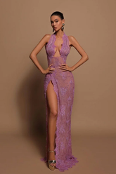 Purple Halter Sleeveless Mermaid Lace Beaded Sequined Floor Length Formal Evening Dress