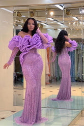 Purple Off-the-Shoulder Long Sleeve Sequined Mermaid Ruffled Floor Length Evening Gown
