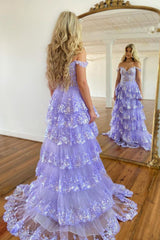 Purple Off-the-Shoulder Princess A-Line Corset Prom Dress Featuring Lace Ruffles