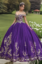 Purple Off-the-Shoulder Sleeveless Gold Floral Applique Ball Gown Quinceanera Dress