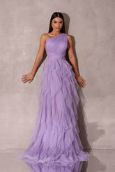 Purple One Shoulder Sleeveless A-line Tulle Ruffled Ruched Floor Formal Evening Dress