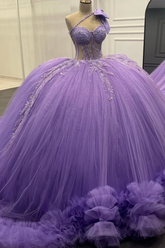 Purple One Shoulder Sleeveless Beaded Applique Bow Ruffled Ball Gown Quinceanera Dress
