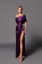 Purple One Shoulder Sleeveless Pleated Beadings Long Formal Dress With Split