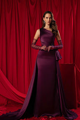 Purple One Shoulder Sleeveless Ruched Mermaid Satin Ruffled Floor Formal Evening Dress